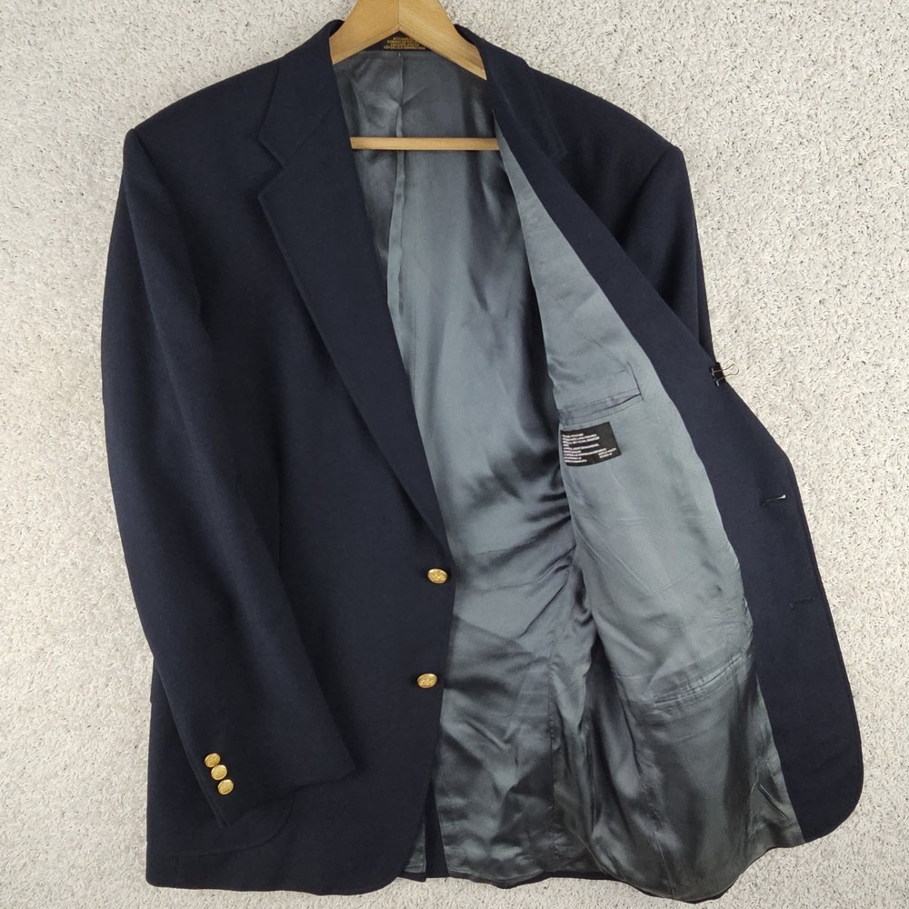 Stafford Navy Blue Gold Button Worsted Wool Poly‎ Blend 2 Button Blazer Coat 44L
